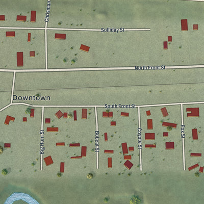Close-up of the map of Opal, Wyoming print showing street and building detail