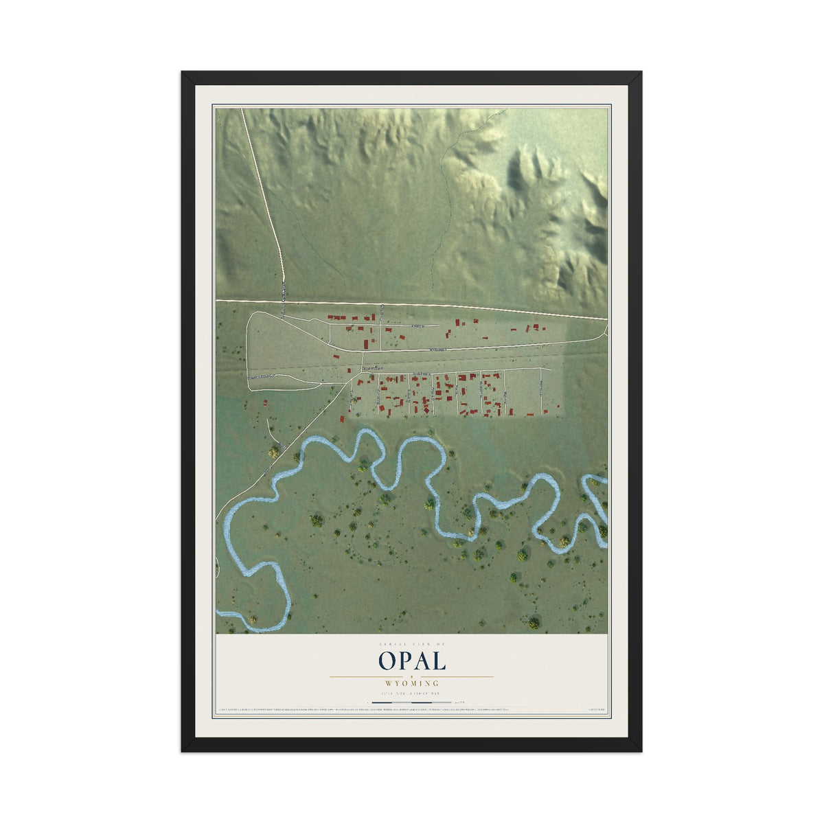 Map of Opal, Wyoming, 12 x 18 inch print in a black wood frame