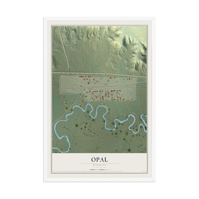 Map of Opal, Wyoming, 12 x 18 inch print in a white wood frame