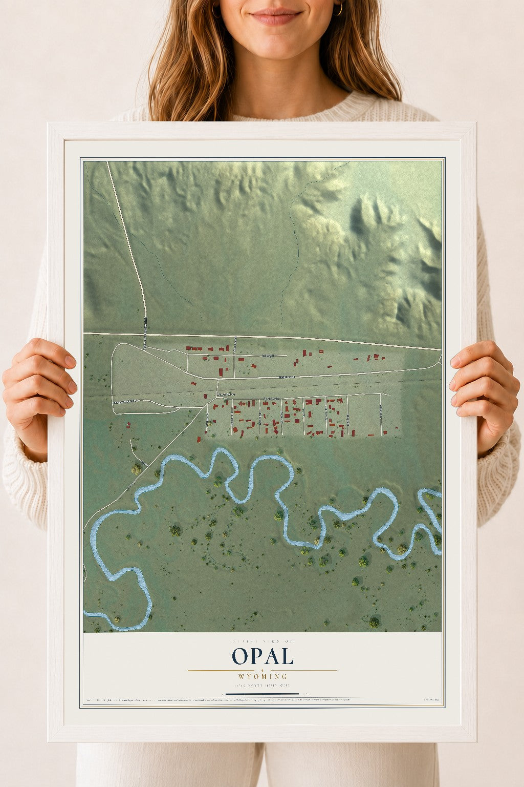 Map of Opal, Wyoming, 18 x 24 inch print in a white wood frame