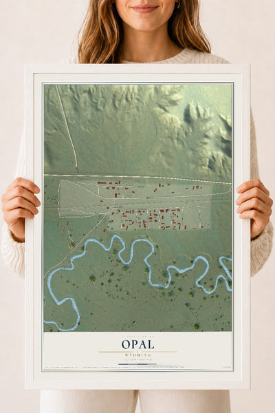 Map of Opal, Wyoming, 18 x 24 inch print in a white wood frame