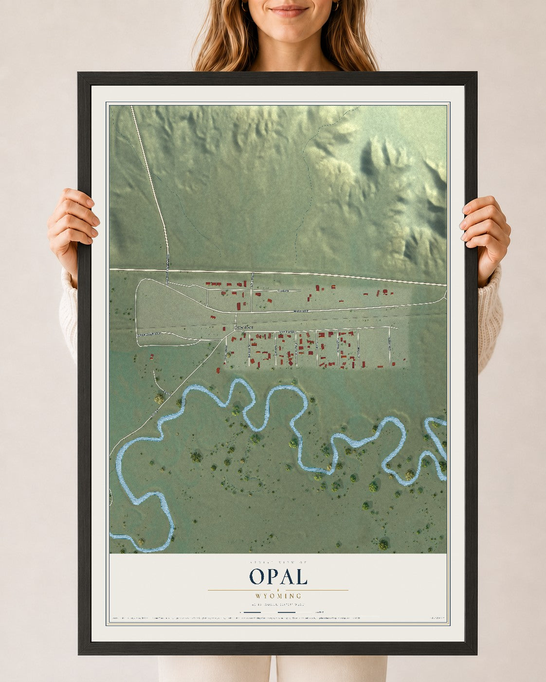 Map of Opal, Wyoming, 24 x 36 inch print in a black wood frame