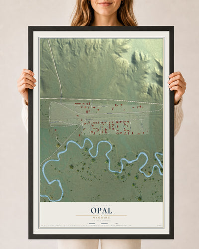 Map of Opal, Wyoming, 24 x 36 inch print in a black wood frame