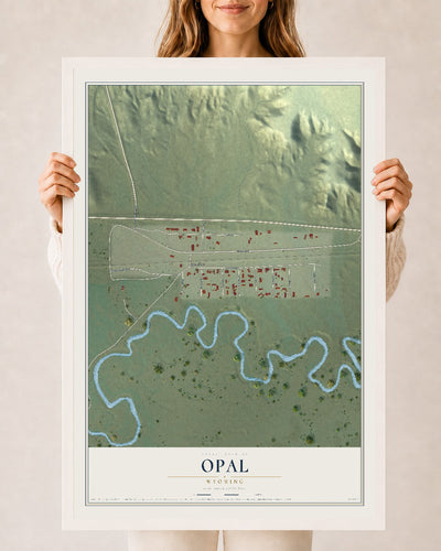 Map of Opal, Wyoming, 24 x 36 inch print in a white wood frame