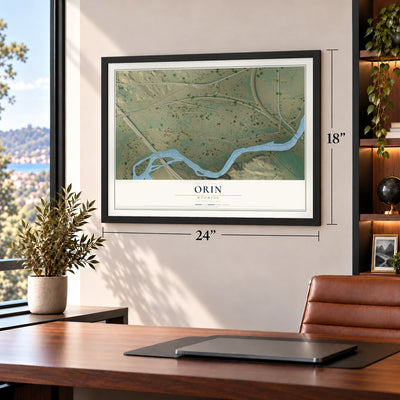Orin, Wyoming map, 18 x 24 inch print in a black frame in a home office
