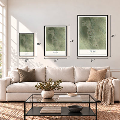 Osage, Wyoming map in 12 x 18, 18 x 24 and 24 x 36 inch sizes above a sofa