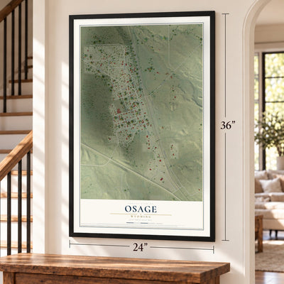 Osage, Wyoming map, 24 x 36 inch print in a black frame by a staircase