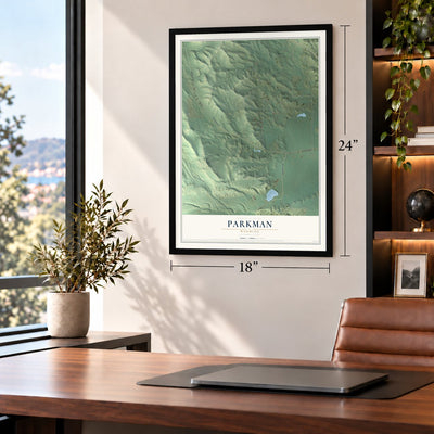 Parkman, Wyoming map, 18 x 24 inch print in a black frame in a home office