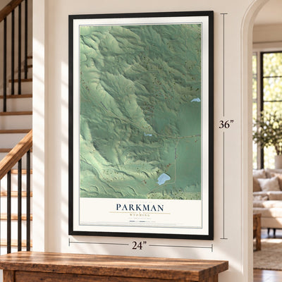 Parkman, Wyoming map, 24 x 36 inch print in a black frame by a staircase