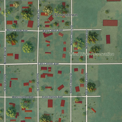 Close-up of the map of Pavillion, Wyoming print showing street and building detail