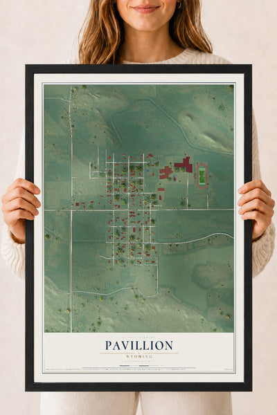 Map of Pavillion, Wyoming, 18 x 24 inch print in a black wood frame