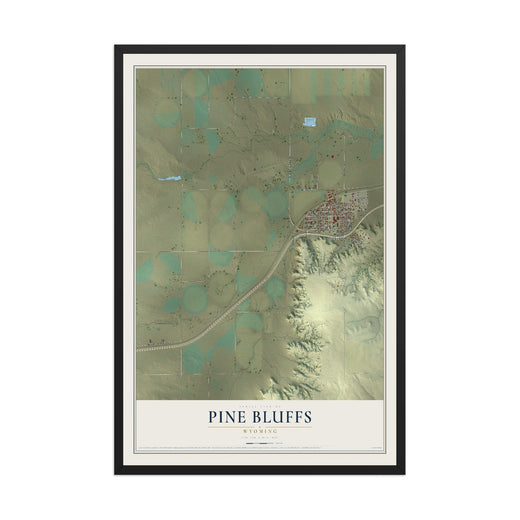 Map of Pine Bluffs, Wyoming, 12 x 18 inch print in a black wood frame