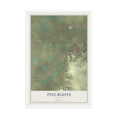 Map of Pine Bluffs, Wyoming, 12 x 18 inch print in a white wood frame