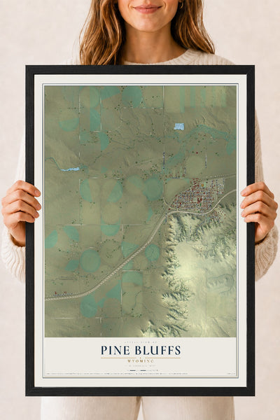 Map of Pine Bluffs, Wyoming, 18 x 24 inch print in a black wood frame