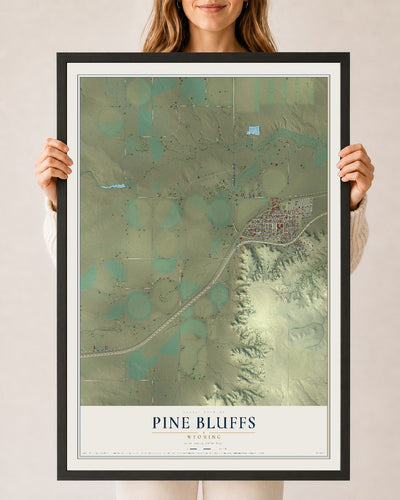 Map of Pine Bluffs, Wyoming, 24 x 36 inch print in a black wood frame