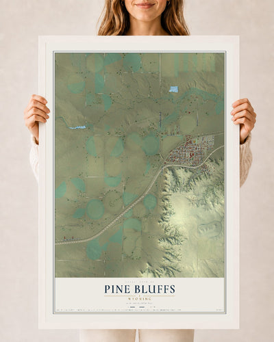 Map of Pine Bluffs, Wyoming, 24 x 36 inch print in a white wood frame