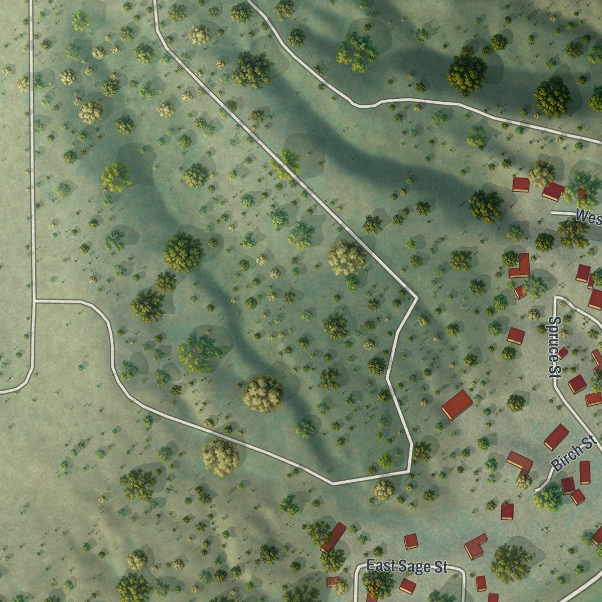 Second close-up of the map of Pine Haven, Wyoming print showing more streets and buildings