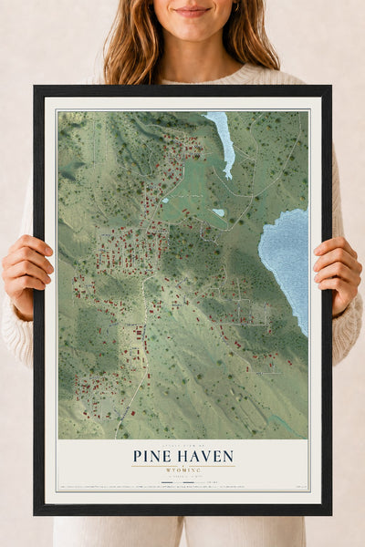 Map of Pine Haven, Wyoming, 18 x 24 inch print in a black wood frame