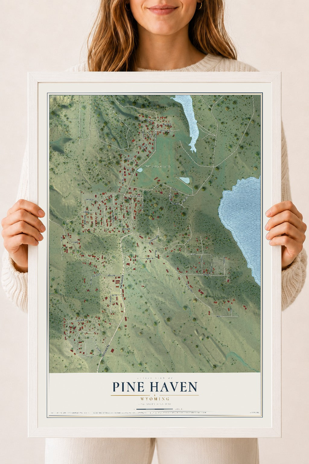 Map of Pine Haven, Wyoming, 18 x 24 inch print in a white wood frame