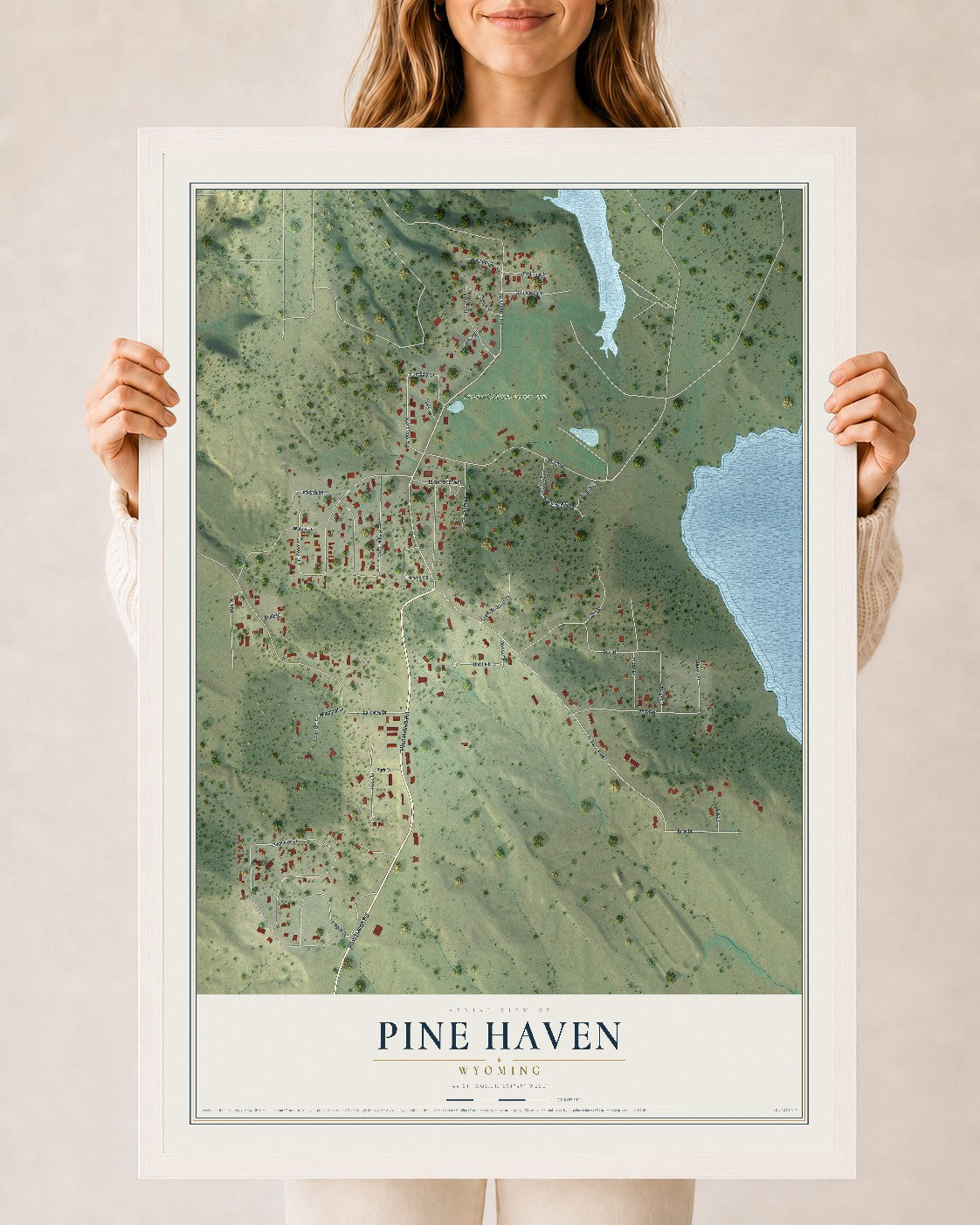 Map of Pine Haven, Wyoming, 24 x 36 inch print in a white wood frame