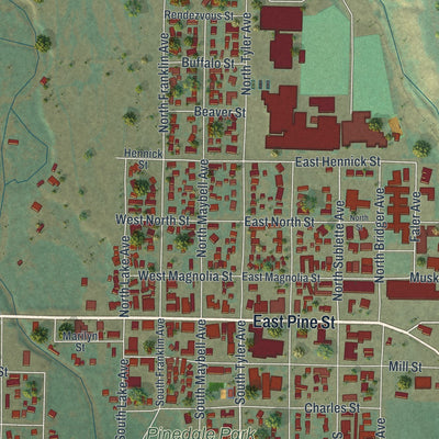 Close-up of the map of Pinedale, Wyoming print showing street and building detail