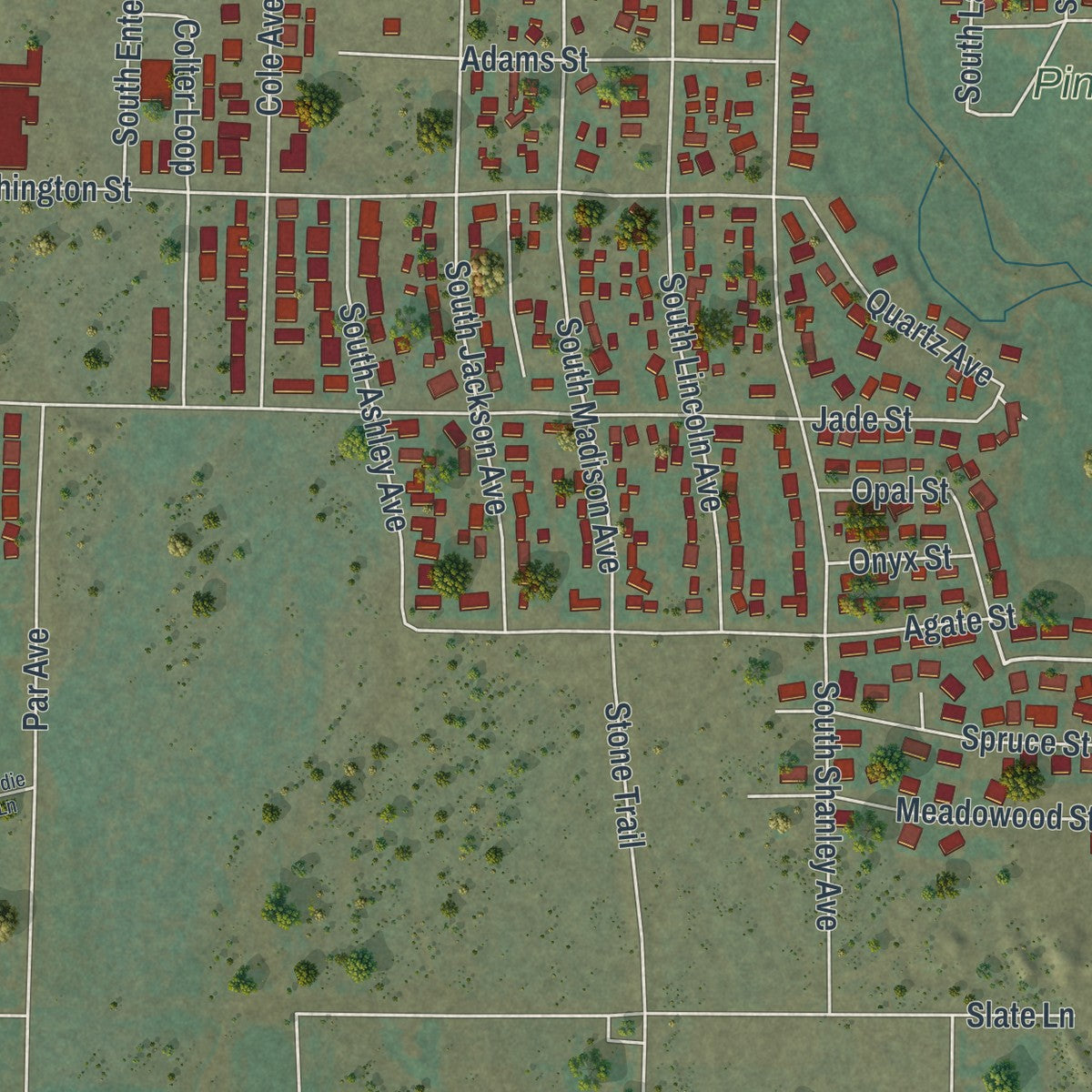 Second close-up of the map of Pinedale, Wyoming print showing more streets and buildings