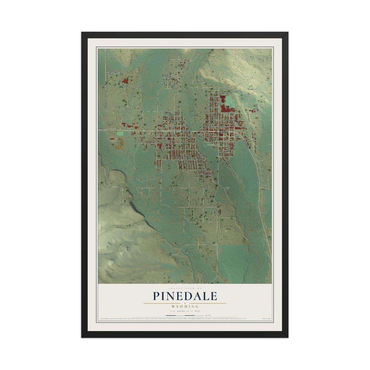 Map of Pinedale, Wyoming, 12 x 18 inch print in a black wood frame