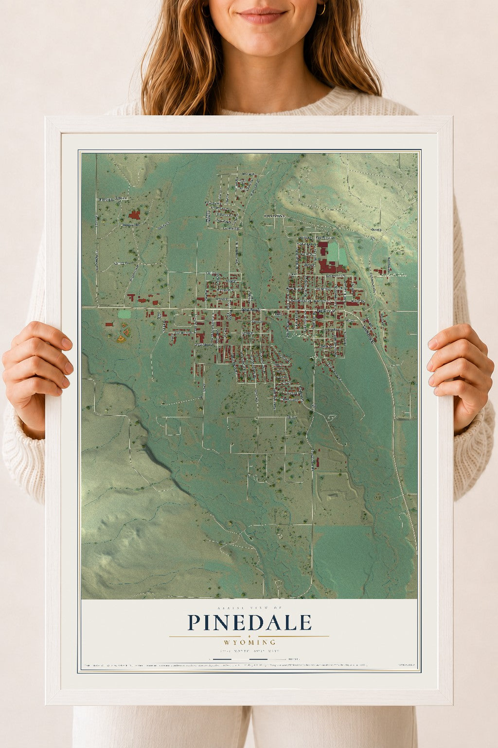 Map of Pinedale, Wyoming, 18 x 24 inch print in a white wood frame