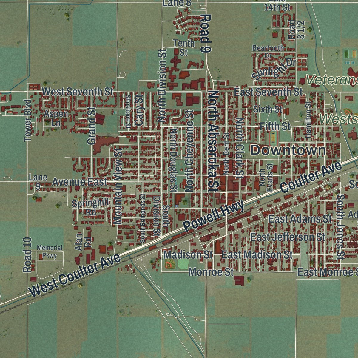 Close-up of the map of Powell, Wyoming print showing street and building detail
