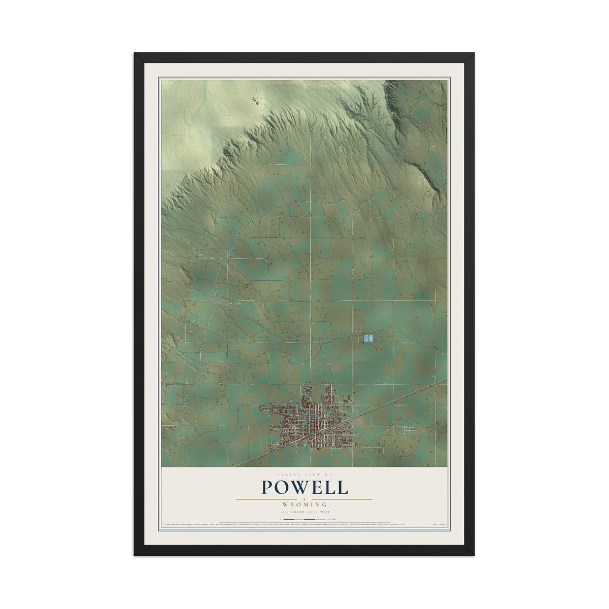 Map of Powell, Wyoming, 12 x 18 inch print in a black wood frame