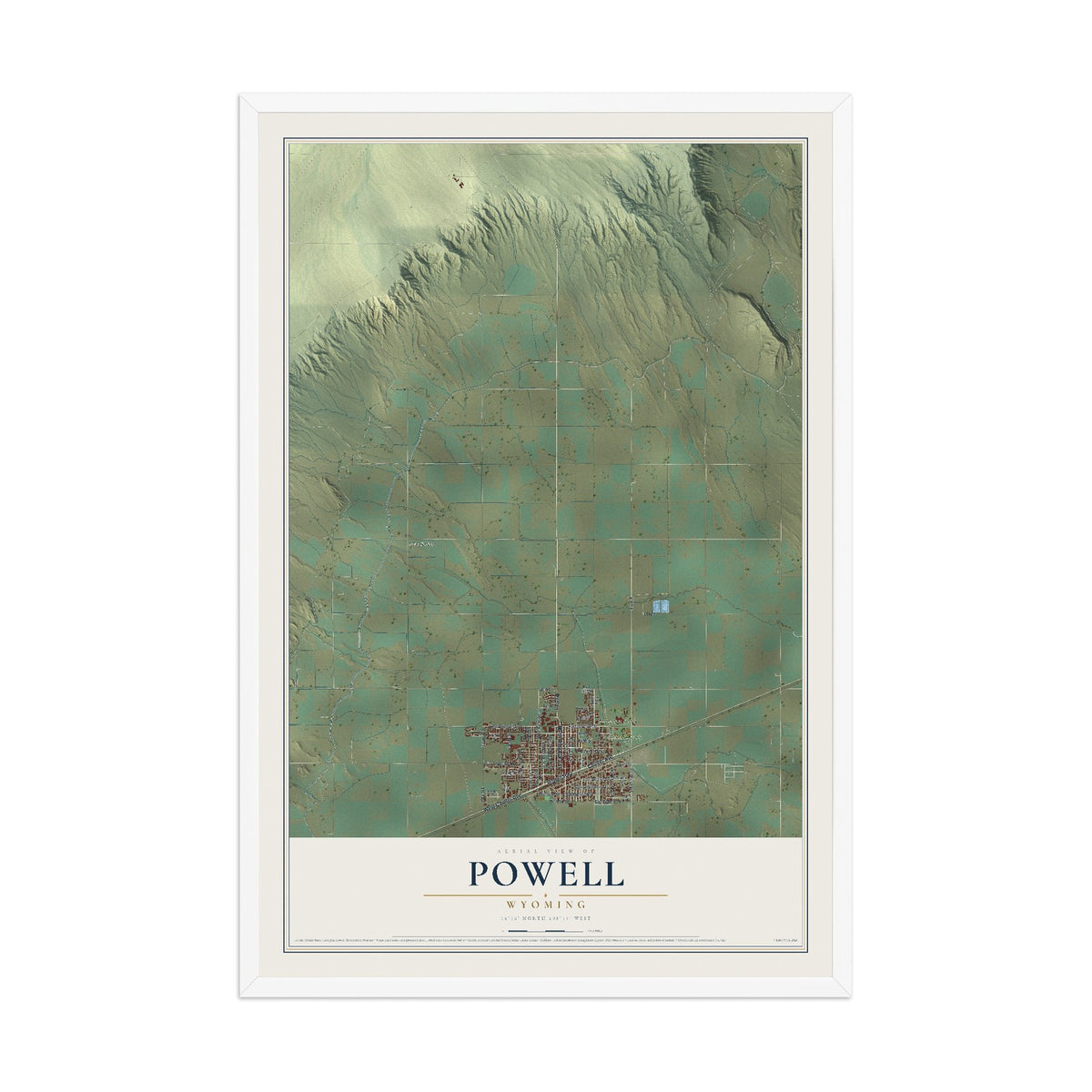 Map of Powell, Wyoming, 12 x 18 inch print in a white wood frame