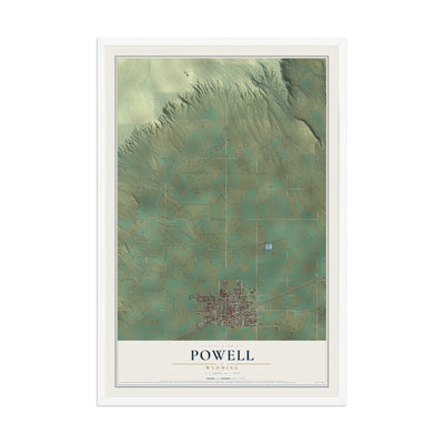 Map of Powell, Wyoming, 12 x 18 inch print in a white wood frame