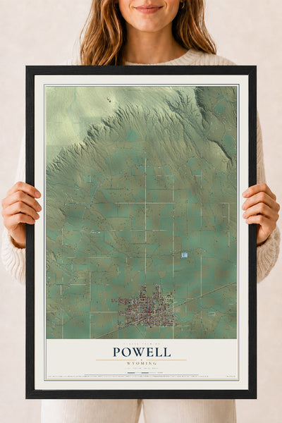 Map of Powell, Wyoming, 18 x 24 inch print in a black wood frame