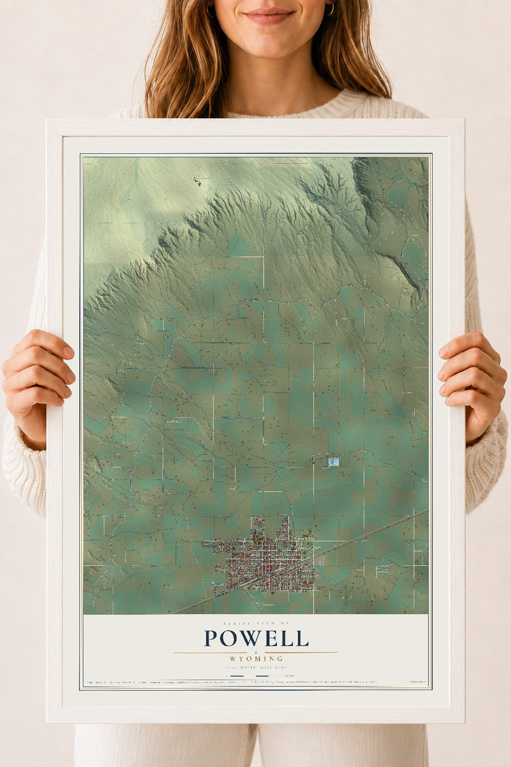 Map of Powell, Wyoming, 18 x 24 inch print in a white wood frame