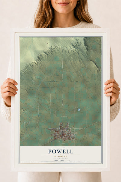 Map of Powell, Wyoming, 18 x 24 inch print in a white wood frame