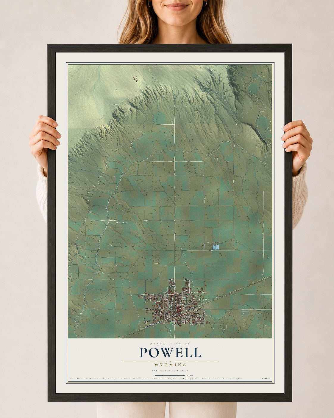 Map of Powell, Wyoming, 24 x 36 inch print in a black wood frame