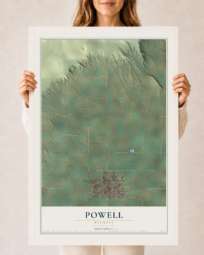 Map of Powell, Wyoming, 24 x 36 inch print in a white wood frame