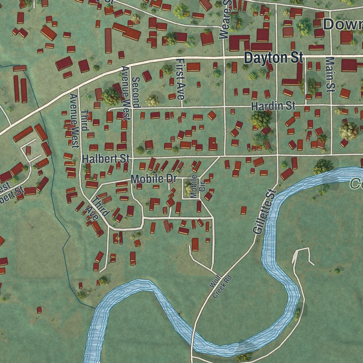 Close-up of the map of Ranchester, Wyoming print showing street and building detail