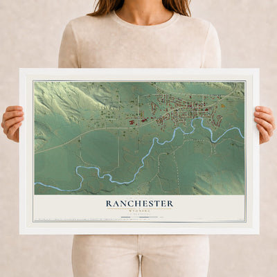 Map of Ranchester, Wyoming, 12 x 18 inch print in a white wood frame
