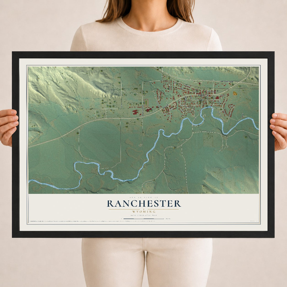 Map of Ranchester, Wyoming, 18 x 24 inch print in a black wood frame