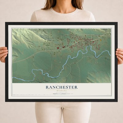 Map of Ranchester, Wyoming, 18 x 24 inch print in a black wood frame