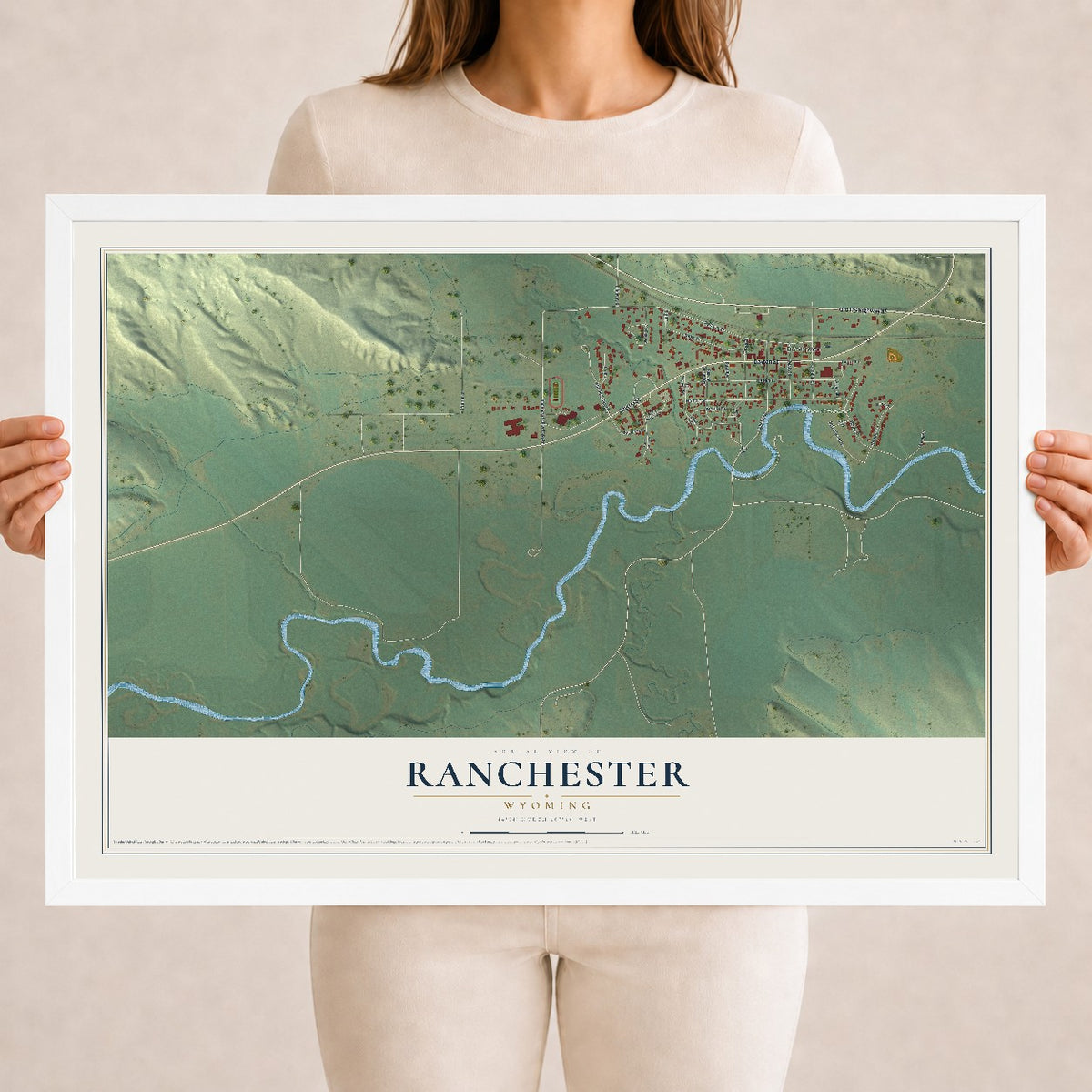 Map of Ranchester, Wyoming, 18 x 24 inch print in a white wood frame