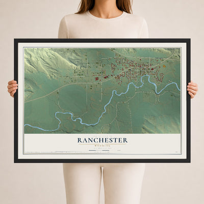 Map of Ranchester, Wyoming, 24 x 36 inch print in a black wood frame