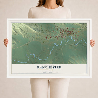 Map of Ranchester, Wyoming, 24 x 36 inch print in a white wood frame