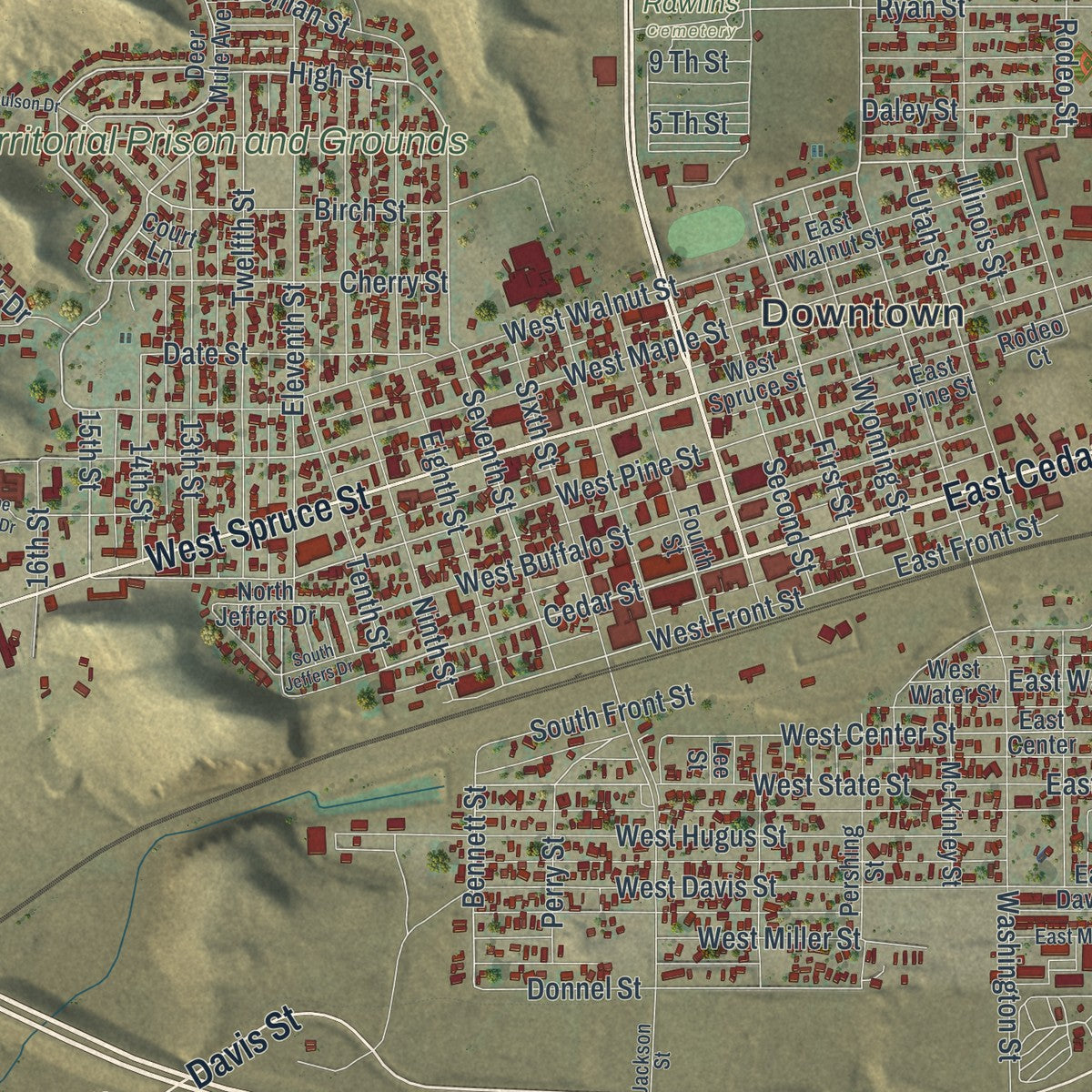 Close-up of the map of Rawlins, Wyoming print showing street and building detail