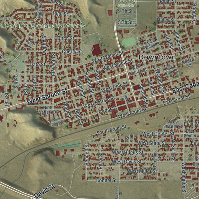 Close-up of the map of Rawlins, Wyoming print showing street and building detail