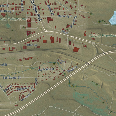 Second close-up of the map of Rawlins, Wyoming print showing more streets and buildings