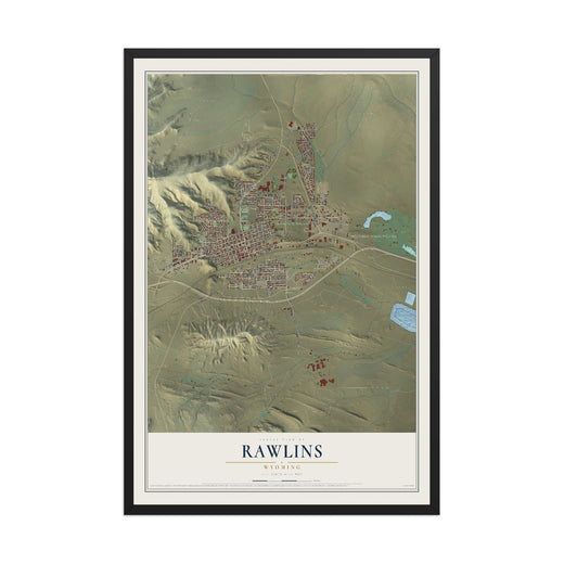 Map of Rawlins, Wyoming, 12 x 18 inch print in a black wood frame