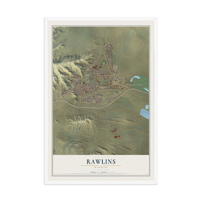 Map of Rawlins, Wyoming, 12 x 18 inch print in a white wood frame