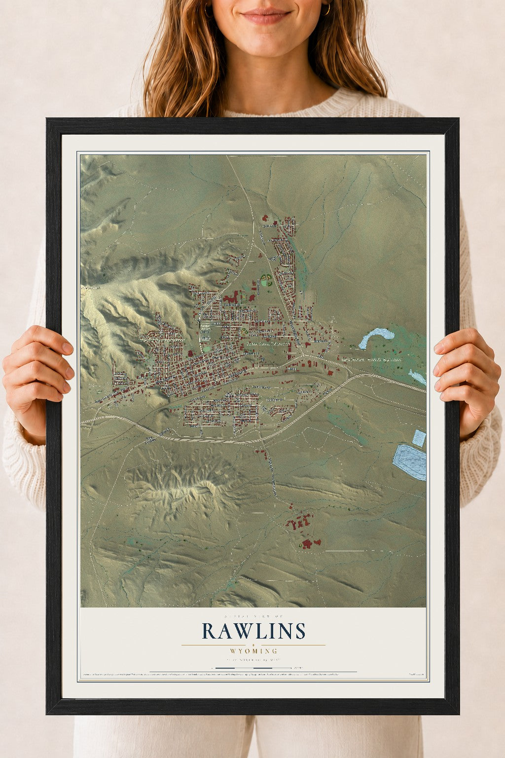 Map of Rawlins, Wyoming, 18 x 24 inch print in a black wood frame